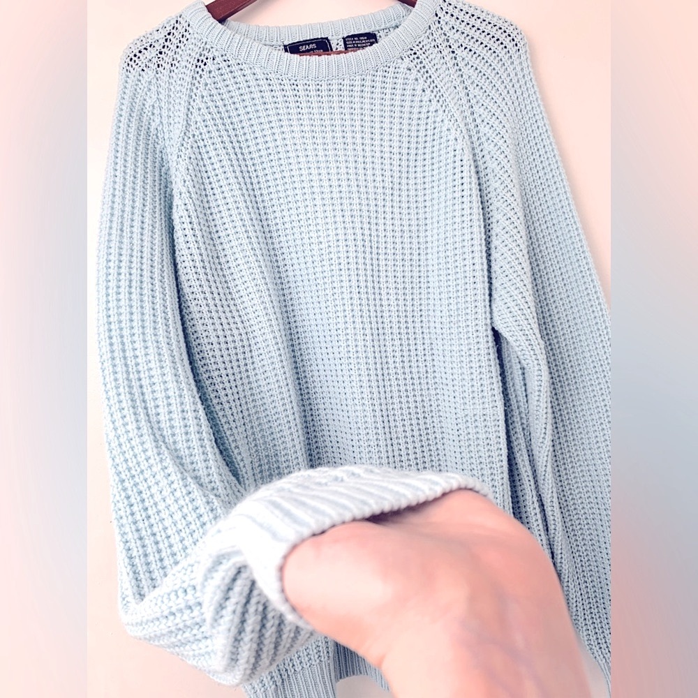 🎄🔥💙Vintage Light Blue Men’s Sears Cable Knit Crewneck Sweater